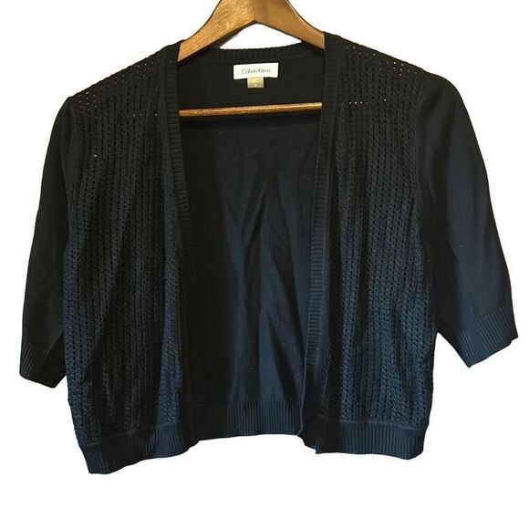 Calvin Klein Black Cropped Open Front Cardigan Sweater Knit - Picture 1 of 4